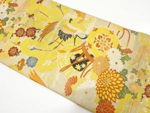 アンティーク　鶴に鼓・菊・梅模様織り出し丸帯（材料）